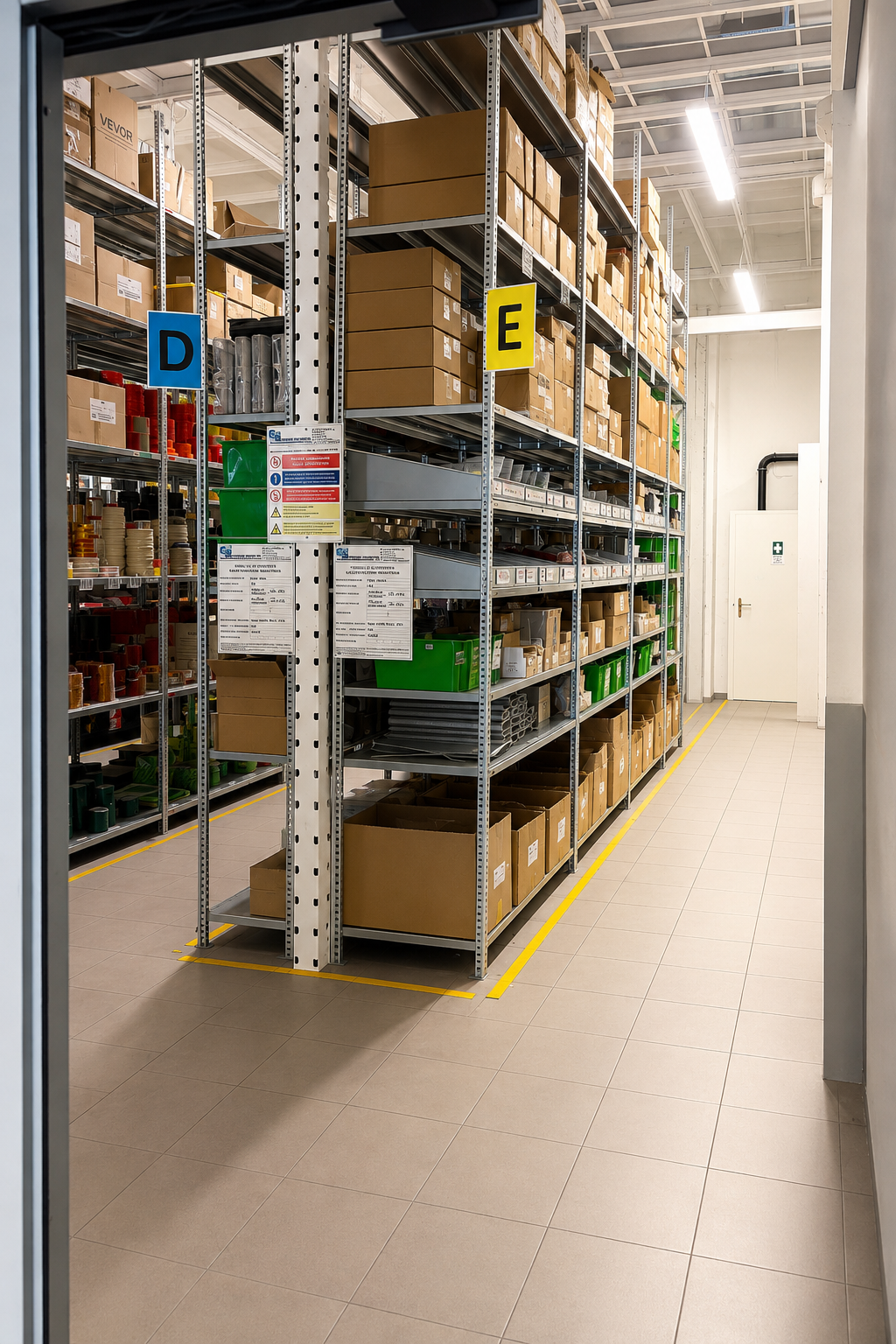 Rayonnages et zone logistique de l’entrepôt StickersLab à Parme